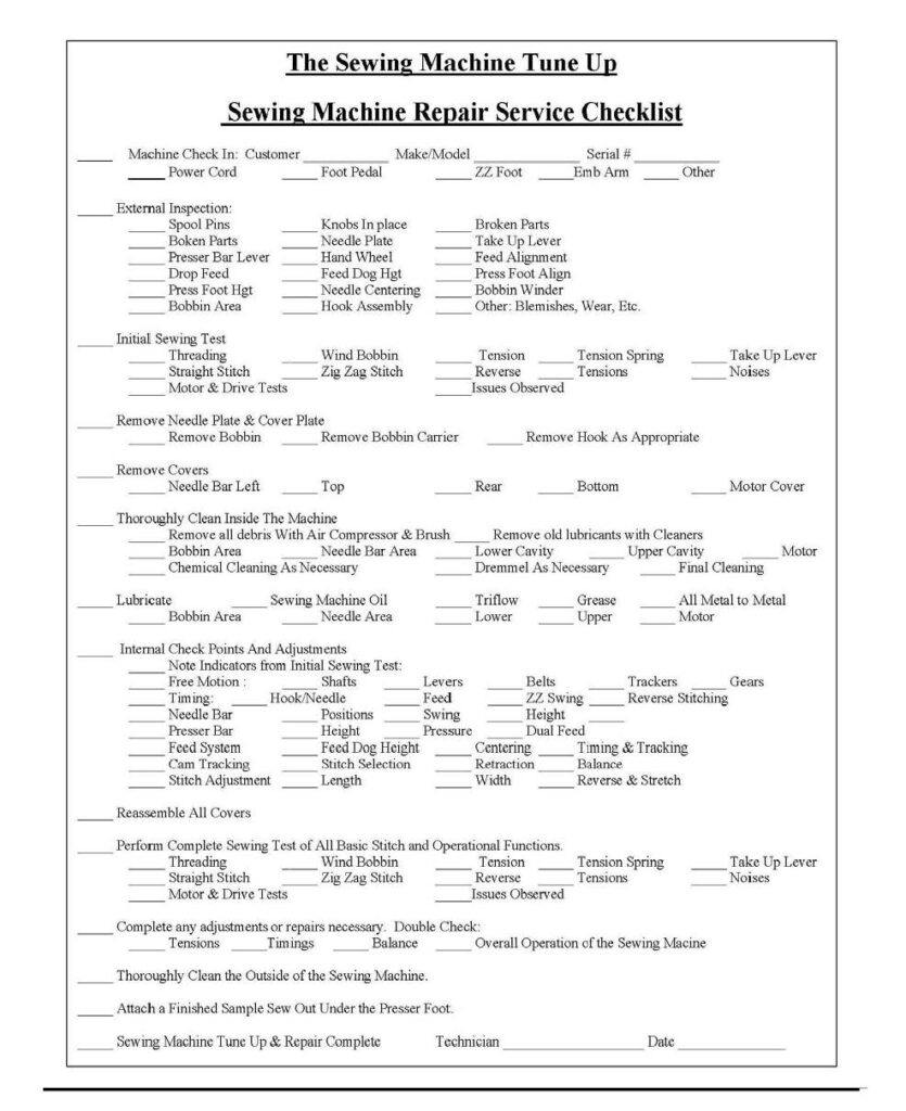 Stitch Doctor Service Checklist form completed for every sewing machine on which we work.